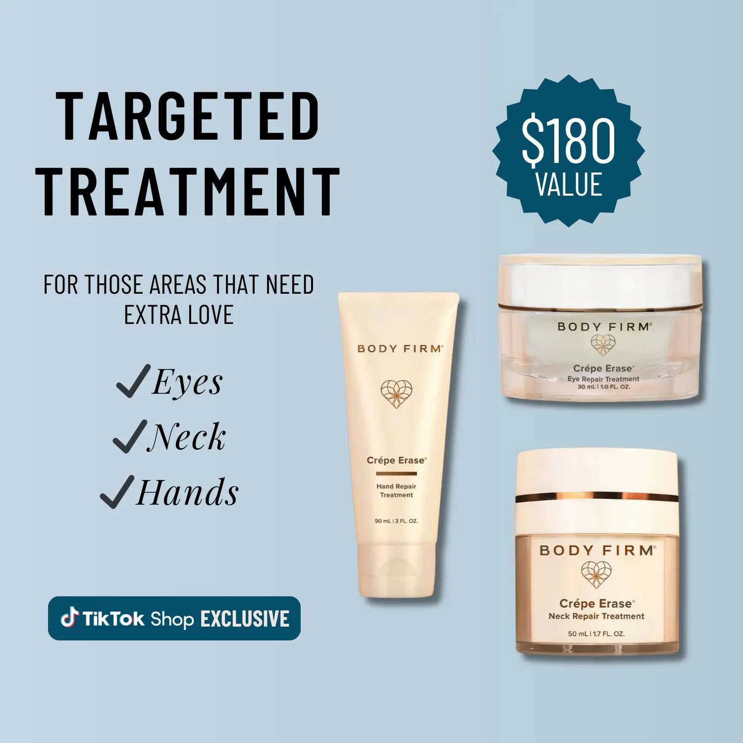 Crépe Erase by The Body Firm - Targeted Treatment Bundle – Neck Repair Treatment (1.7 oz), Eye Repair Treatment (1 oz) & Hand Repair Treatment (3 oz), Hydrating & Firming Care for Crepey Skin