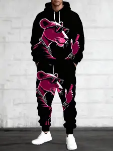Bold Black & Pink Panther Print Tracksuit with Swaggy Graphic Sunglasses Chain Vibe Soft Comfy Fabric Matching Hoodie Joggers for Casual Fits Hypebeast Looks