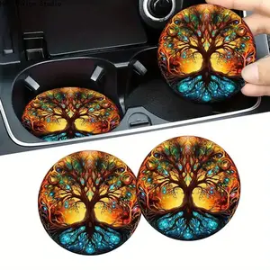 2Pcs Tree of Life Car Coasters, Aesthetic Universe Spiritual Non-Slip Silicone Cup Mat, Universal Celtic Mythology Vehicle Interior Decor, Creative Gift for Women Men