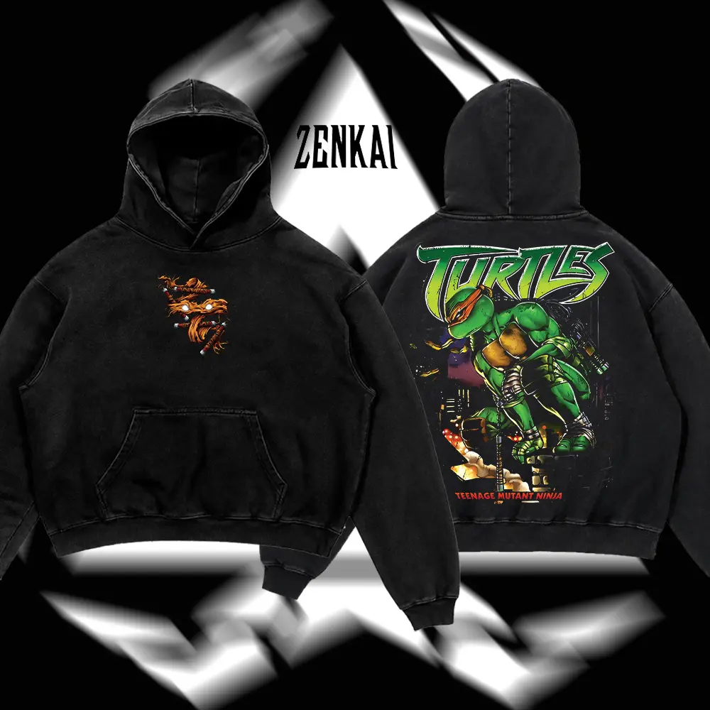 [ZenKai] The Party Dude Mikey Nunchaku Master "Michelangelo" - The Teenage Mutant Ninja Turtles Heroes TMNT Edition Double Printed Oversize Lightweight Acid Washed Tee TV Series Graphic Design Top Cotton Streetwear Movies Film T-Shirt Clothes Menswear