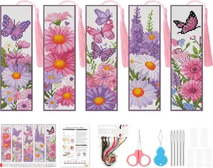 5 Pack Cross Stitch Kits for Beginners,Daisy Stamped Cross Stitch Kits Bookmarks for Women,Butterfly 11ct Cross Stitch Embroidery Kit for Beginners Crafts for Adults