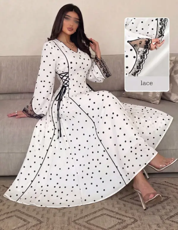 Women's Butterfly Print V-Neck Elegant Long Sleeve Arabian Modest Dress