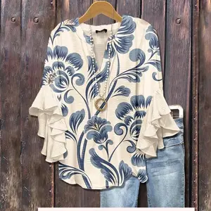 Peng  Mixed Floral Print Ruffle Bell Sleeve Top Going Outfits Blouses Women Vintage 90s Tops Funny Shirts Women Elegant Classy Tops Blouse