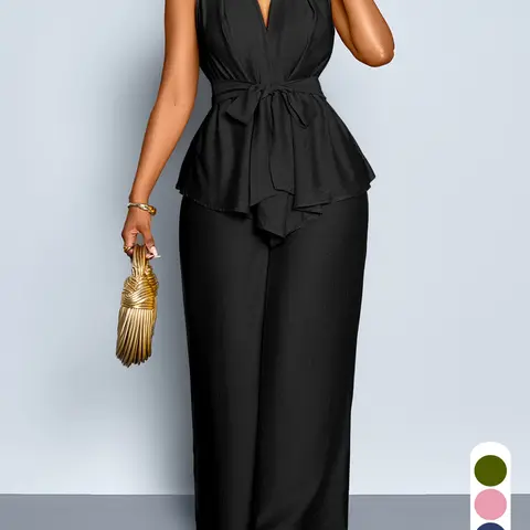 Two-Piece Plus-Size Casual Sexy Women's Solid Color Pants Set, Palazzo Set, Deep V-Neck Sleeveless Top and Wide-Leg Long Pants, Fashionable Summer Womenswear