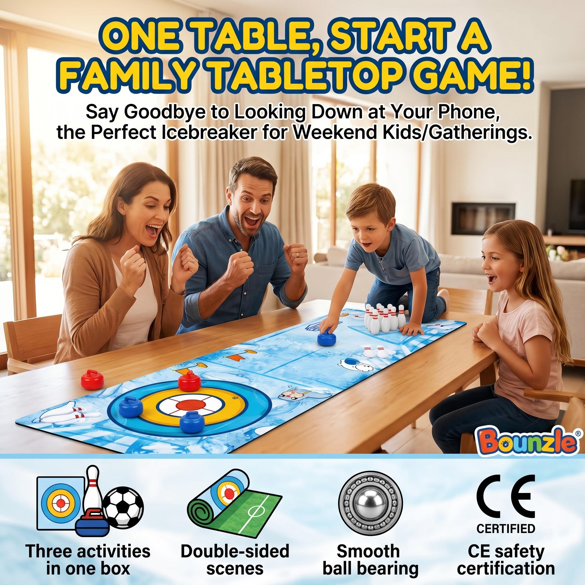 Multi-Game 3-in-1 Tabletop Sports Set | Portable Mini Curling, Soccer, Bowling | Indoor Fun for Kids Adults | Family Game Night, Party & Travel