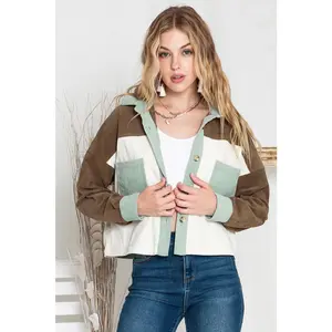 Apricot Powder Patchwork Button Up Cropped Corduroy Jacket