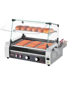 VEVOR Hot Dog Roller, TikTokShopBlackFriday, 18 Hot Dog 7 Rollers, Stainless Steel Sausage Grill Cooker, 1050W Commercial Hot Dog Machine with Dual Temp Control, Cover, Side Storage Box, Removable Shelf & Oil Drip Tray