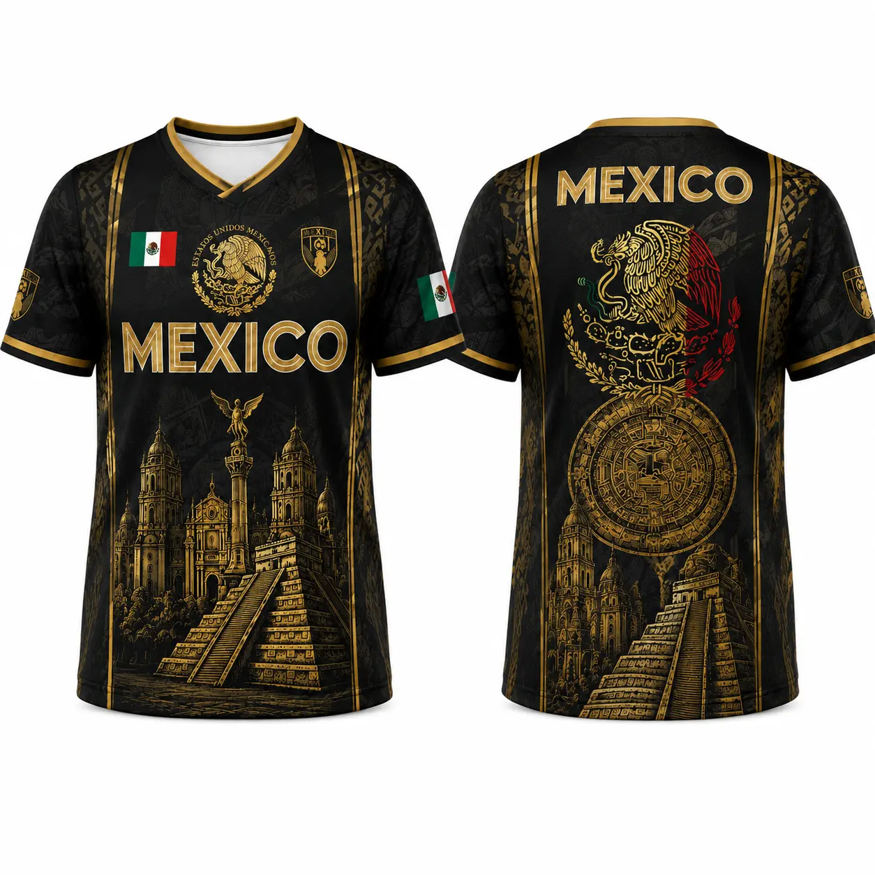 2026  Mexican Soccer Jersey for Men Women, Black Gold Aztec Eagle Chichén Itzá Pyramid V-Neck Football Shirt, Retro All Over Print Sports Top