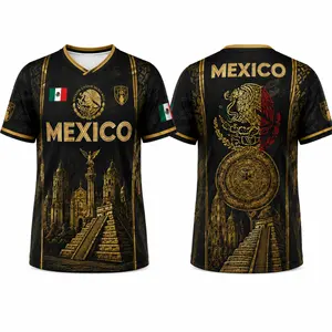 2026 Mexican Soccer Jersey for Men Women, Black Gold Aztec Eagle Chichén Itzá Pyramid V-Neck Football Shirt, Retro All Over Print Sports Top