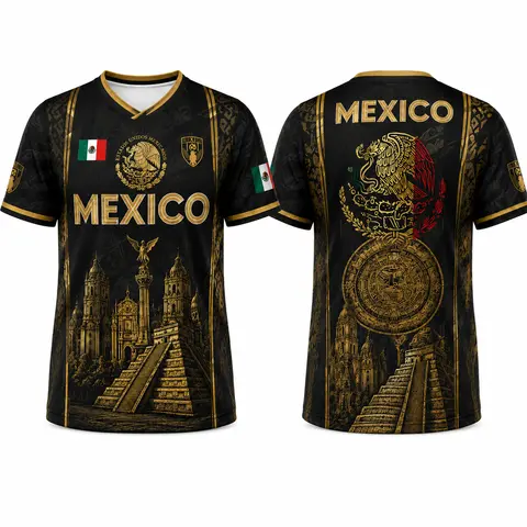 2026 Men's Retro Mexican Football Shirt - Black Gold Tribal Aztec Eagle, Chichén Itzá Pyramid V-Neck Breathable Polyester Mesh All-Over Print Relaxed Fit Button Apparel Soccer Football Jersey, Outdoor Sports Top