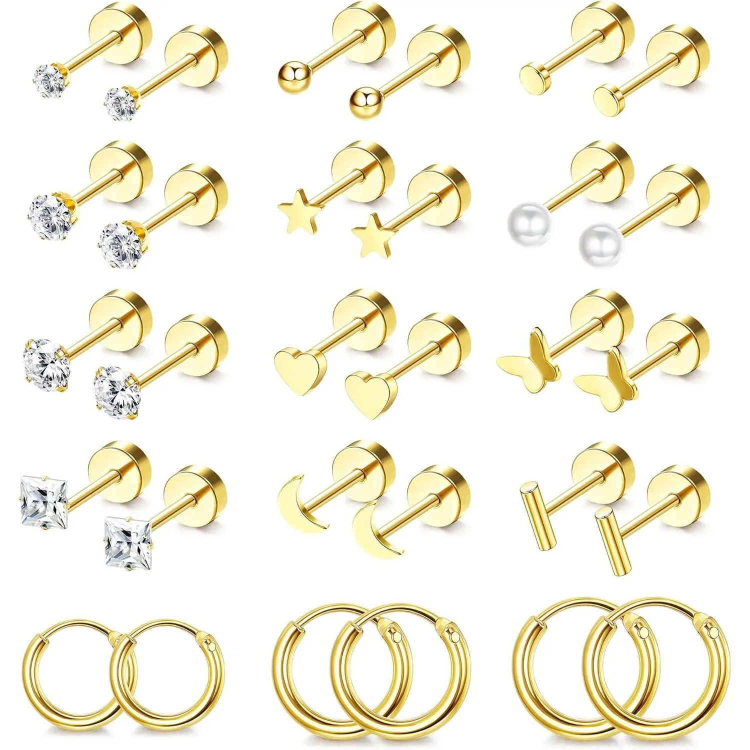 Milacolato 14 Karat Plated Gold Surgical Stainless Steel Flat Studs & Hoop Earrings Set - Hypoallergenic Tiny Screw-Back Cartilage Earring Stacking Set for Women, Everyday Wear & Dainty Look, Non Tarnish Earrings
