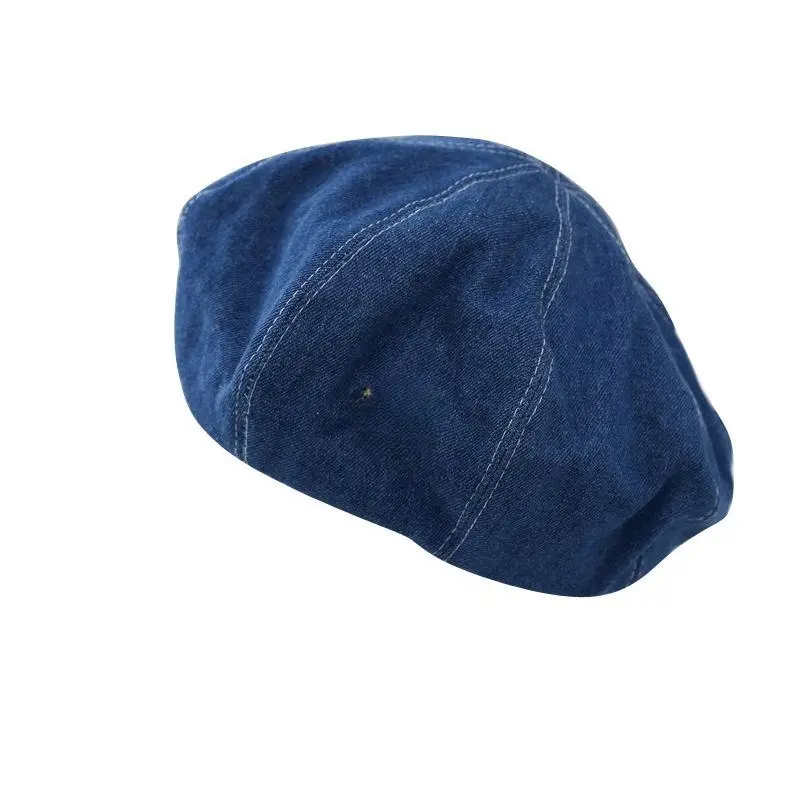 Women's Denim Painter Beret - Retro Korean-Style Solid Sports & Outdoor Hat, Casual Clothing for Female Adults, All-Season Everyday Headwear
