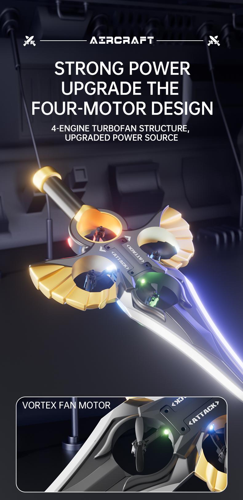 Flying Sword Drone Children's Toy- 2.4GRemote Control Foam Model AirplaneSwordhilt Design with One-Button Rotation &Barometric Lift Christmas