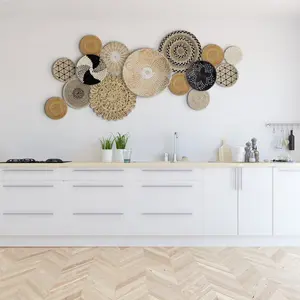 Set 15 of Wall Hanging Woven Basket, Boho Wall Basket Decor, Bohemian Style Basket Decor, Rustic Handmade Round Wall Basket for African Design, Farmhouse Decor