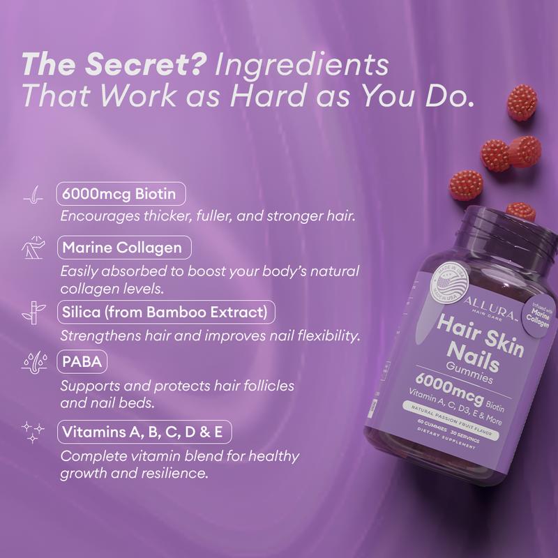 Hair Skin and Nails Vitamins for Women – Extra Strength 6000mcg Biotin Hair Gummies with Marine Collagen, Vitamin E, A, C & PABA for Hair Growth, Healthy Skin & Nails – Made in US, Passion Fruit, 60ct