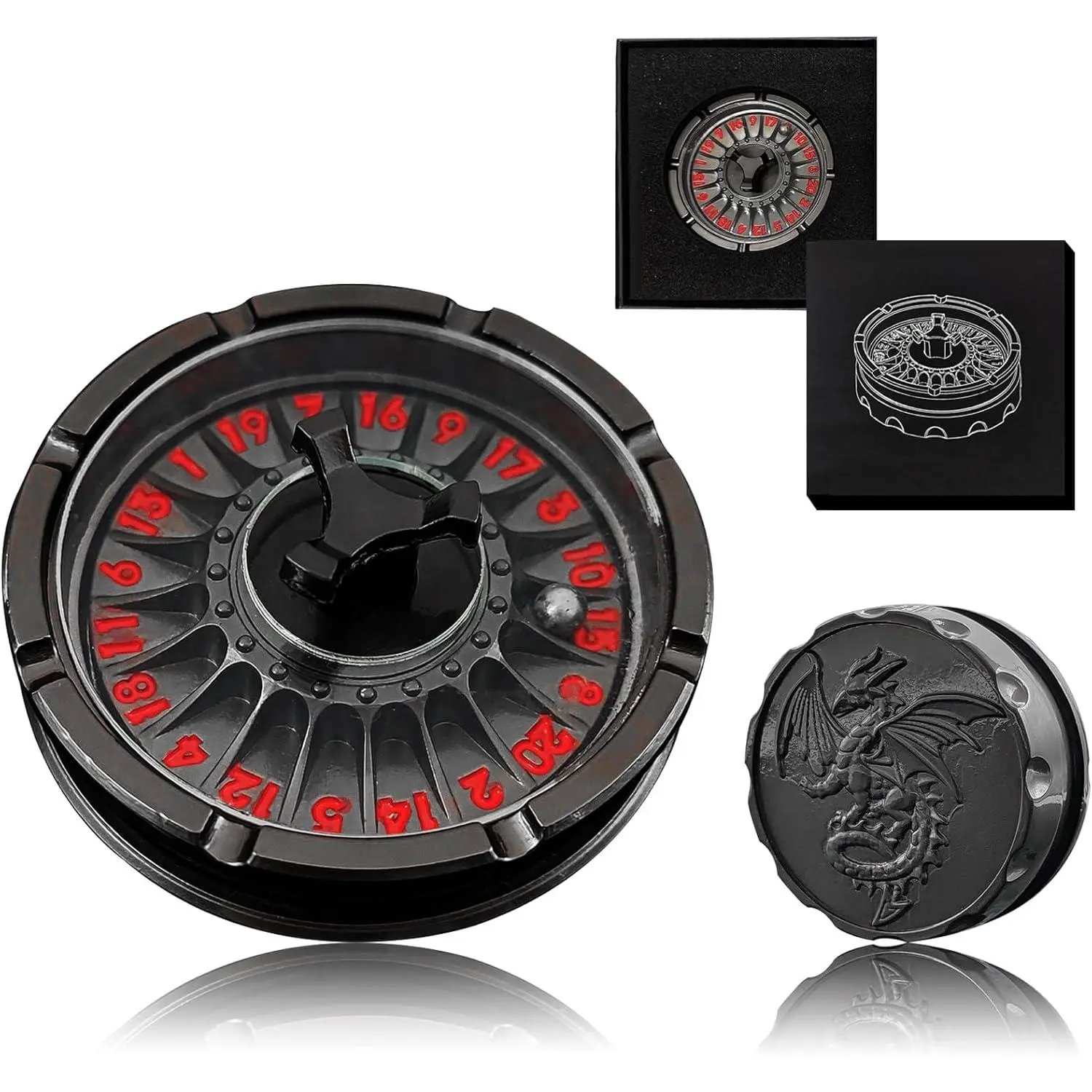 G20 Roulette Dice Spinner for DND Dice Set, 7-in-1 Dragon Metallic D&D Dice with Gift Case for Dungeons and Dragon Game, RPG Role Playing Table Game Gifts (Black-red)