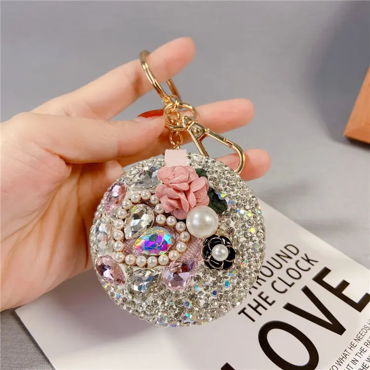 Creative Full Diamond Camellia Makeup Mirror Car Keychain Creative Round Small Mirror Bag Pendant Portable Touch-up