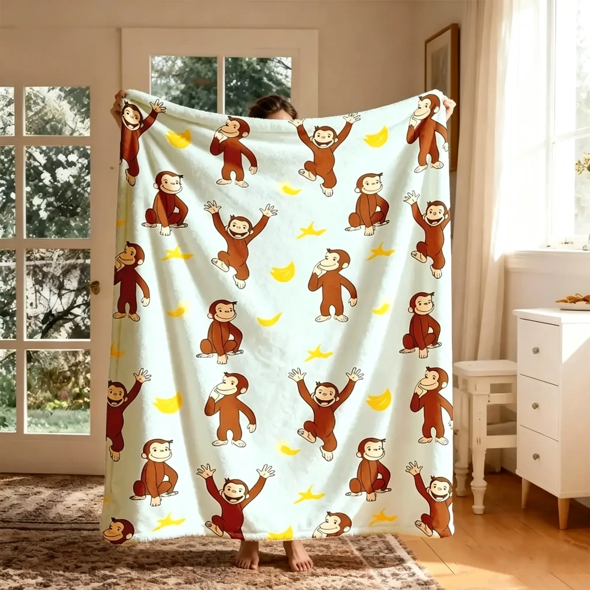 Cute Monkey Banana Flannel Throw Blanket, Playful Jungle Animal Plush Flannel Blanket, Soft Cozy Throw for Sofa Bed Couch, Kids Room Decor Gift
