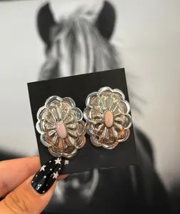 Concho Earrings with Pink Stone - Sterling Silver - Native Handmade - Y (artist)