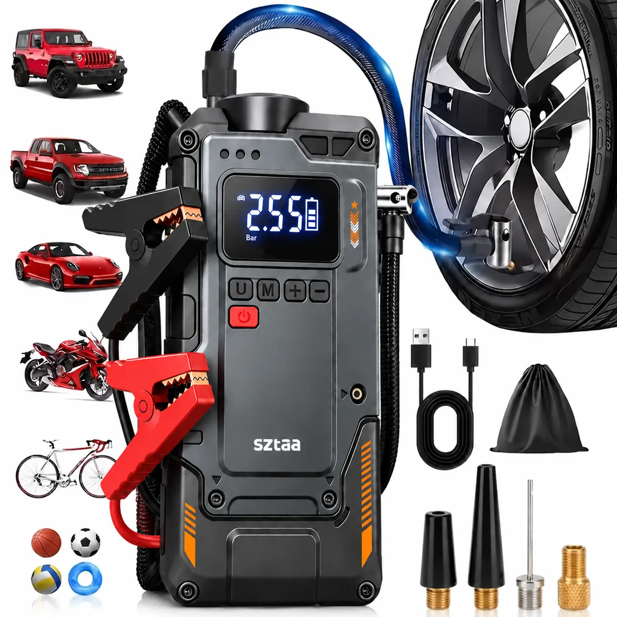 10-in-1 Heavy Duty Car Jump Starter, 6000A Peak, 180PSI Digital Tire Inflator, 6000mAh Battery Booster, 3 Modes LED Flashlight with Tire Pressure Monitor, Portable Vehicle Roadside Emergency Tool with Multiple Adapters