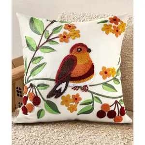 Embroidered Throw Pillow Cover - 18x18 inch Decorative Pillow Covers with Zipper Pillow Cover for Living Room Couch Sofa Bed Aesthetic Design Tree Bird Linen Cotton Pillowca Covers