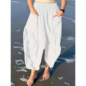 Women's Casual Wide-Leg Pants |   High-Waist with Elastic Drawstring |   Semi-Sheer Polyester-Spandex Blend |   Multi-Pocket Design |   Machine Washable & Dry Cleanable |   Ideal for Autumn/Winter Comfort and Style