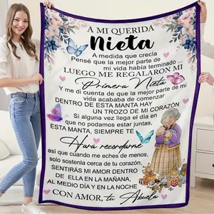 1pc Butterfly Floral Print Spanish Letter Throw Blanket, To My Granddaughter From Grandma Gift Blanket, Soft Flannel Cozy Blankets, Lightweight Fuzzy Print Blanket For Couch Sofa Bed Office Travel Camping Chair, Warm Plush Blankets For All Season-280GSM