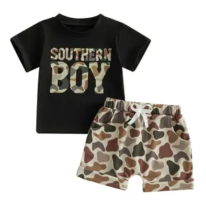 Southern Boy Baby Two Piece Outfit Toddler Kids Short Sleeve Camo T Shirt Tops Elastic Waist Camo Shorts Farm Summer Clothes