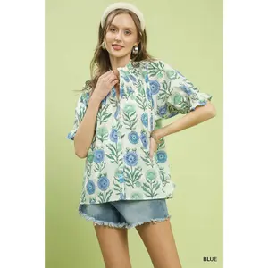 Umgee Floral Button-Front Short Sleeve Top
