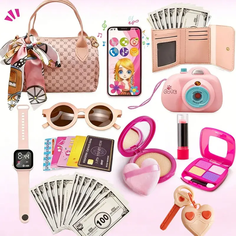 1 Pretend Play Kids Makeup Set, Pretend Playset, Including Camera/Phone/Coin Purse/Silk Scarf, Handbag Toy for Role-Playing, Princess Toy Set, Gift for Girls on Birthdays/Christmas, Ages 3-6