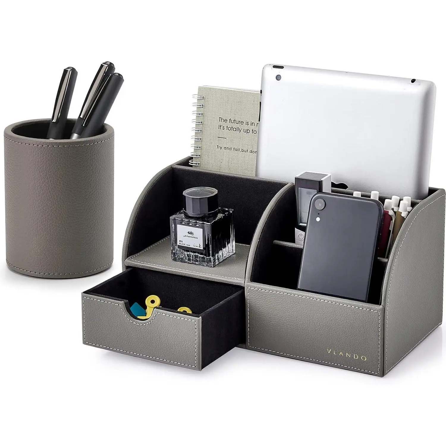 Office Desk Organizer Leather Desktop Organizer  with Drawer for Storing Desktop Supplies and Accessories (Grey Set)