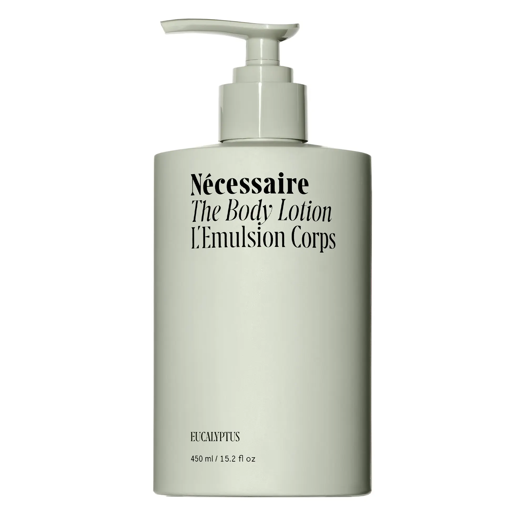 Nécessaire The Body Lotion with Pump. Eucalpytus. Multi-Peptide Firming Lotion to Moisturize, Firm, Strengthen. 2.5% Niacinamide, Vitamin C/E + Omega 6/9. 450ml / 15.2 fl oz