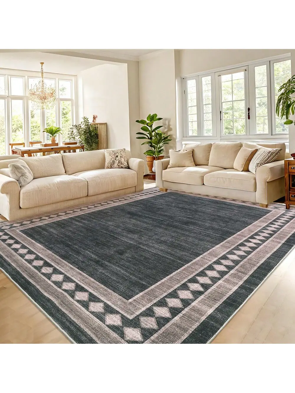 【Christmas Gift】Black Brown-8*10 feet  Contemporary Machine Washable Area Rug Modern Geometric Floor Cover Non Slip Stylish  Bordered Accent Carpet Stain Resistant Low Pile Ultra Thin Pet Friendly Foldable Soft Indoor Mat For Kitchen Laundry Bedroom