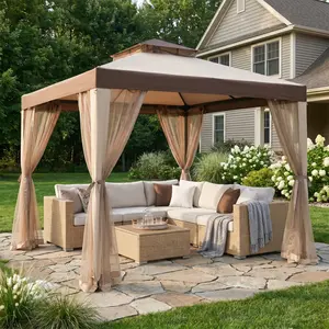 10×10 Patio Gazebo – Outdoor Canopy with Mosquito Netting & Curtains, Double-Tier Roof, Round Leg Marquee Shelter for Garden, Deck, Backyard & Lawn, Perfect for Summer & Mother’s Day