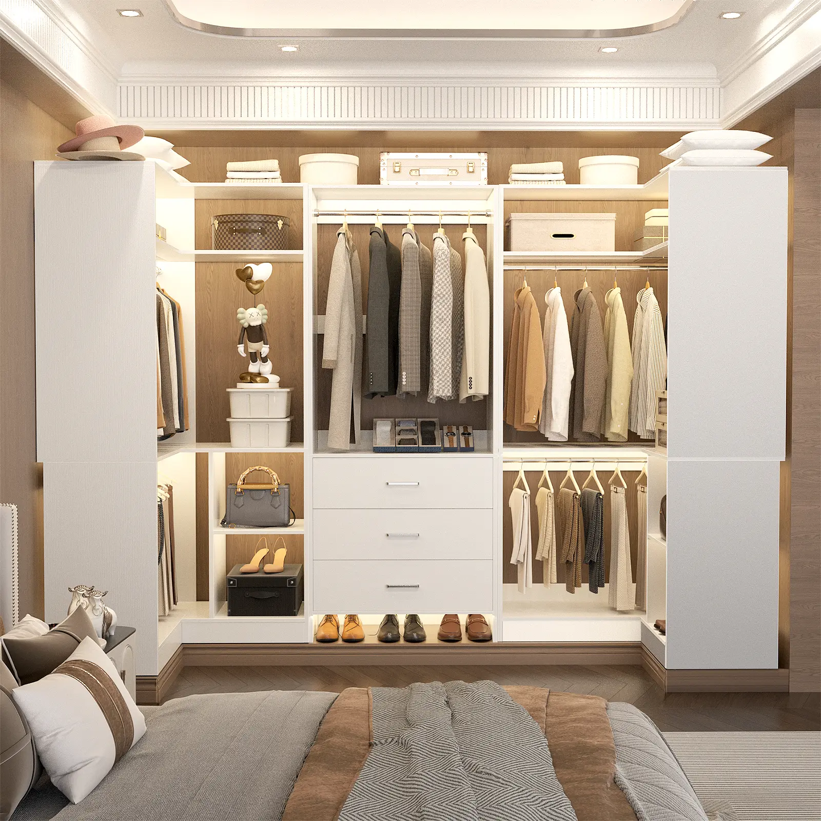 Cyclysio 88.8" W x 80" H Adjustable U-Shaped Closet Organizer, Reversible Corner Walk-in Wardrobe System with 3 Wood Drawers, 5 Hanging Rods, Modular Freestanding 3-Piece Heavy Duty Closet cabinet Storage Tower (2000+ lbs Capacity, 60 In & Above)