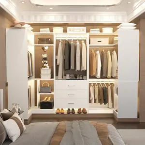Cyclysio 88.8" U-Shaped Closet Organizer, Reversible Corner Walk-in Closet System Wardrobe with 3 Wood Drawers & 5 Hanging Rods, Modular Freestanding Heavy Duty 3-Piece Set Room space-saving tower storage Organization