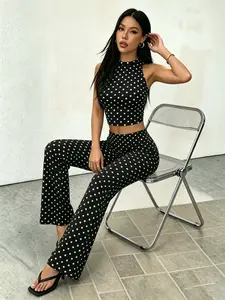 Women's Polka Dot 2 Piece, Sleeveless Crop Top & High Waist Flare Pants, Y2K Casual Everyday Bodycon Loungewear for Club Streetwear