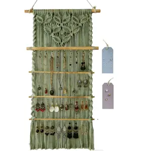 Macrame Jewelry Hanger, Hanging Jewelry Organizer,Boho Earring Holder Wall Mounted Necklace Holder, Tapestry Earrings Display, Bracelet Storage Minimalist Decor Tassel for Women Room (Sage Green)