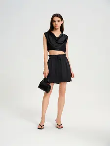 BlisSecret Black Cowl Neck Cropped Top With Pleated Padded Shoulder & Shorts