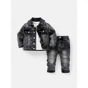 Toddler/Baby Boy 2pcs/Set Distressed Casual Khaki Lapel Long Sleeve Jacket & Cuffed Stretch Skinny Jeans Set,And Versatile Baby Streetwear Outfits