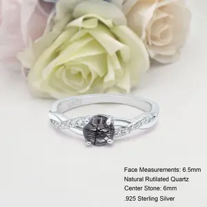 Twisted Split Shank 0.84 Carat Natural Rutilated Quartz Ring Bridal Band Wedding Round Shape Ring 925 Sterling Silver 6.5mm