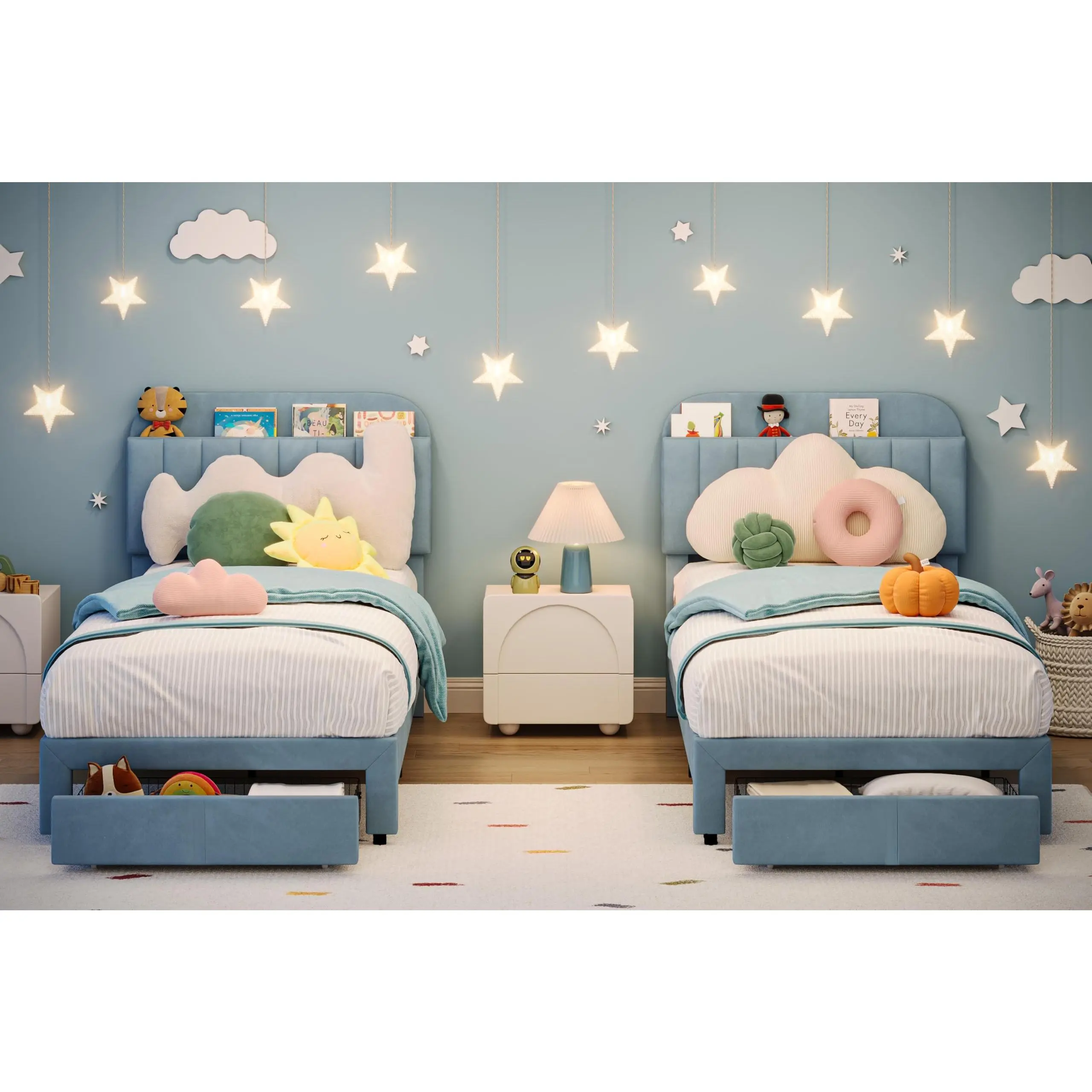 Kids' Twin Blue Velvet 2-Piece Contemporary Upholstered Platform Bedroom Set Furniture, Stable Noise-Free Frame, Large Storage Drawer & Bookcase Headboard, Quick Easy Assembly, No Box Spring Needed, Fits Twin Mattress