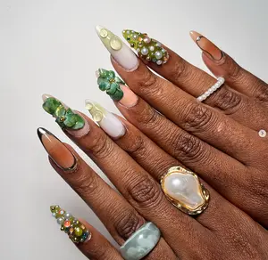 Green Floral & Pearl Press On Nails | 3D Sculpted Flowers, Gem Clusters & Abstract French Tips | Luxe Botanical Glam Nail Art Set