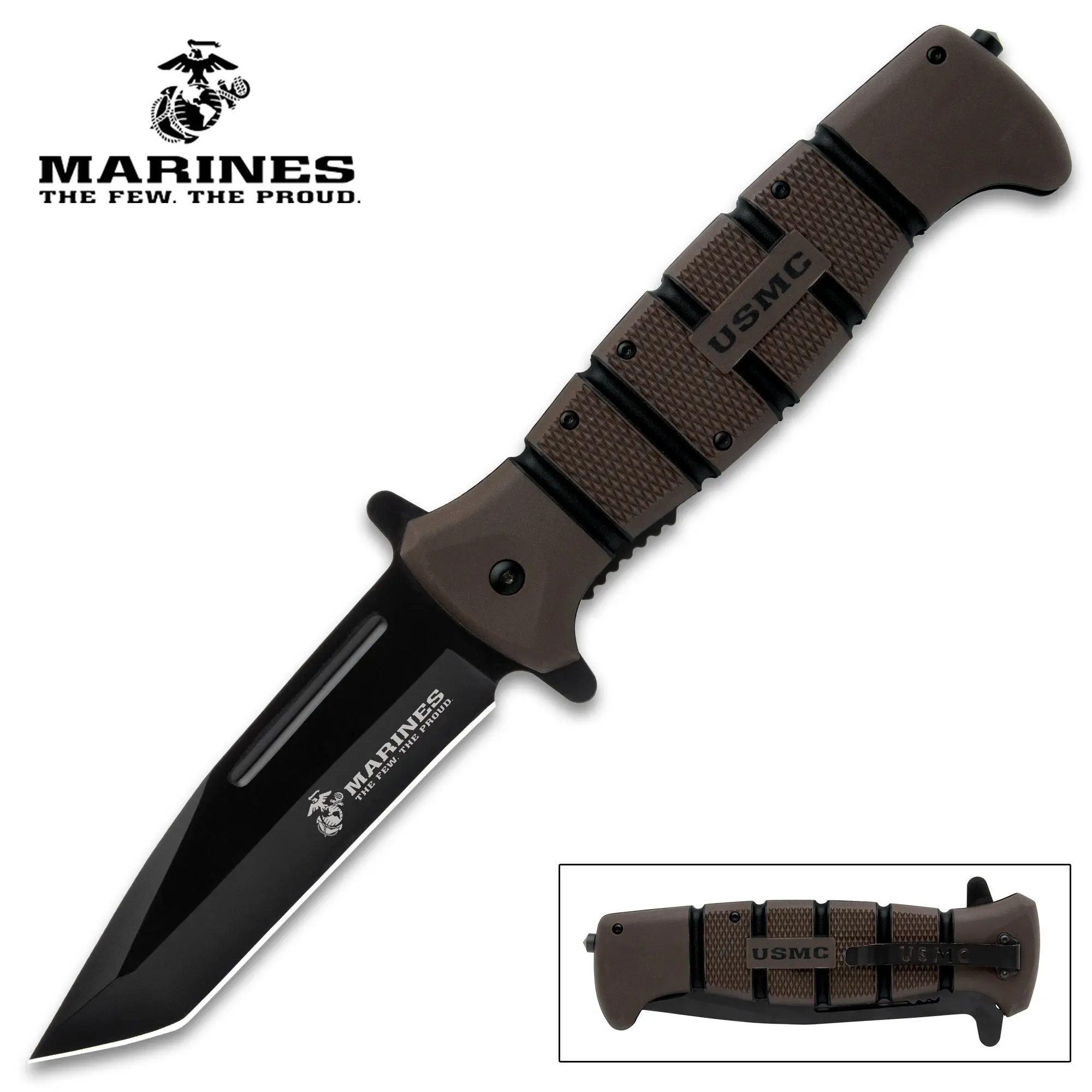 USMC Tanto Assisted Opening Pocket Knives, 5.5" Stainless Steel Blade Multi-Purpose Tool, Unisex Outdoor Gadgets & Survival Supplies with Textured Grip & Glass Breaker for Secure Pocket Carry, Specialty Hand Tools