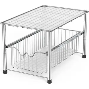 Stackable Under Sink Organizer with Sliding Basket, Chrome