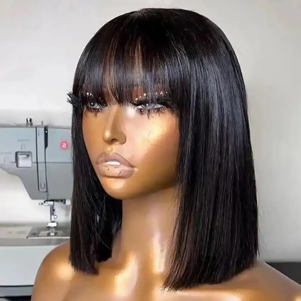 250% Short Straight Bob Wig With Bangs Human Hair Double Drawn Bob Wigs Glueless Straight Wigs On Sale Clearance Straight Human Hair Bob Wigs With Bang Full Machine Made Wigs Brazilian Natural Color 16 Inch For Women
