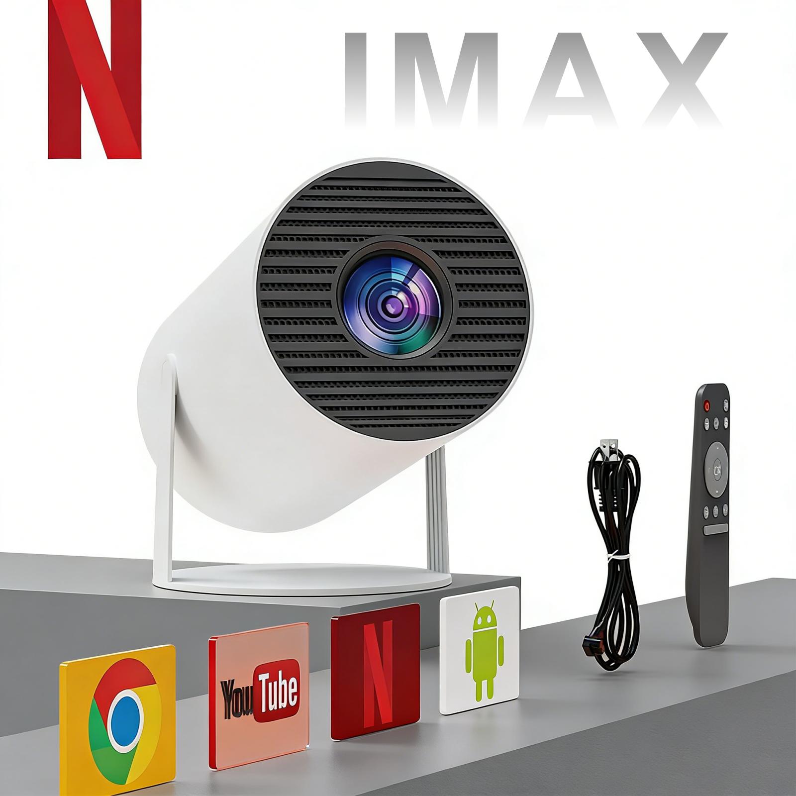 XBJ mini projector with built-in Android system, supports Wi‑Fi and Bluetooth connectivity, features keystone correction and 4K decoding, rotates 180 degrees, designed for short projection use. Suitable for home/outdoor use — Black Friday