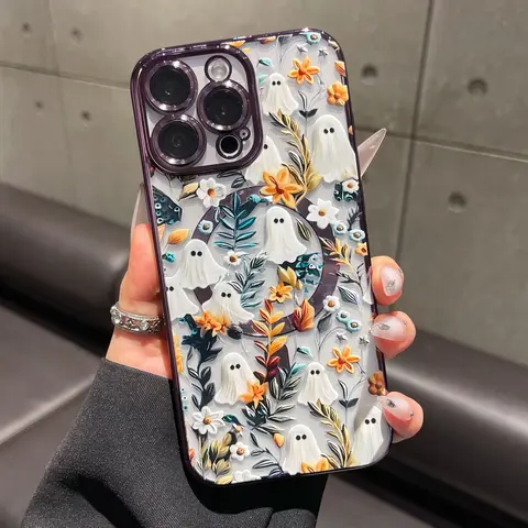 Cute Ghost Garden Magnetic Silicone TPU Cellphone Case for iPhone 18 Pro Max,17 Pro Max,Air,16 Plus,15,14,13,12 - Flexible TPU Fit, Shockproof Protection, Durable Fashion Casing, Girl Gifts, Screen Protector, Phone Accessories, HY25