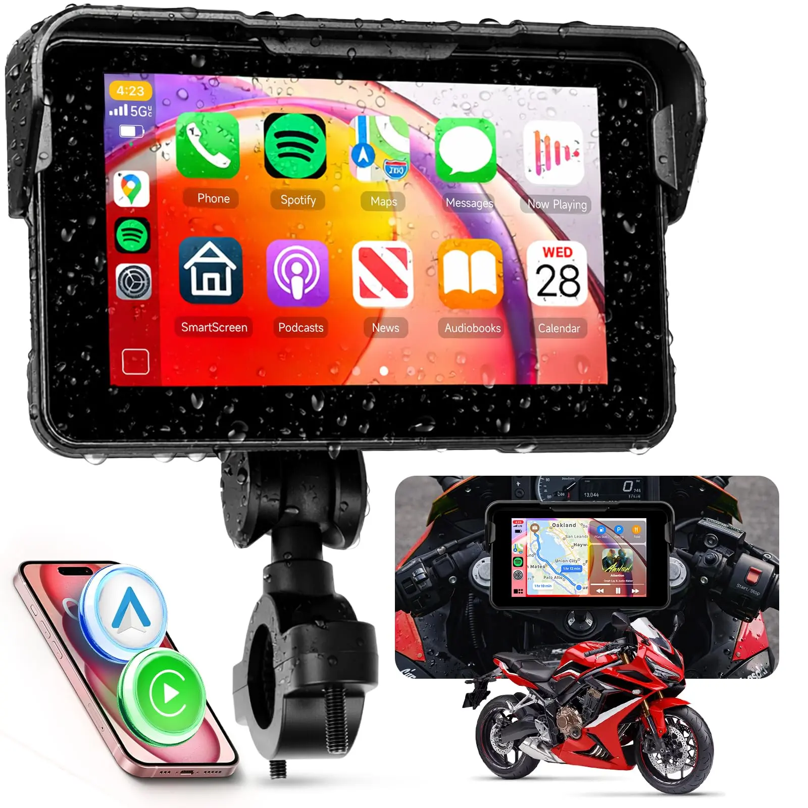 5 Inch Motorcycle Carplay Screen - Wireless CarPlay & Android Auto, IP68 Waterproof IPS Touch Screen, SD Card Slot,Dustproof, Bluetooth Hands-Free Call/Music, GPS Navigation, Portable Motorbike Stereo, toolupgrade, vehicle accessory