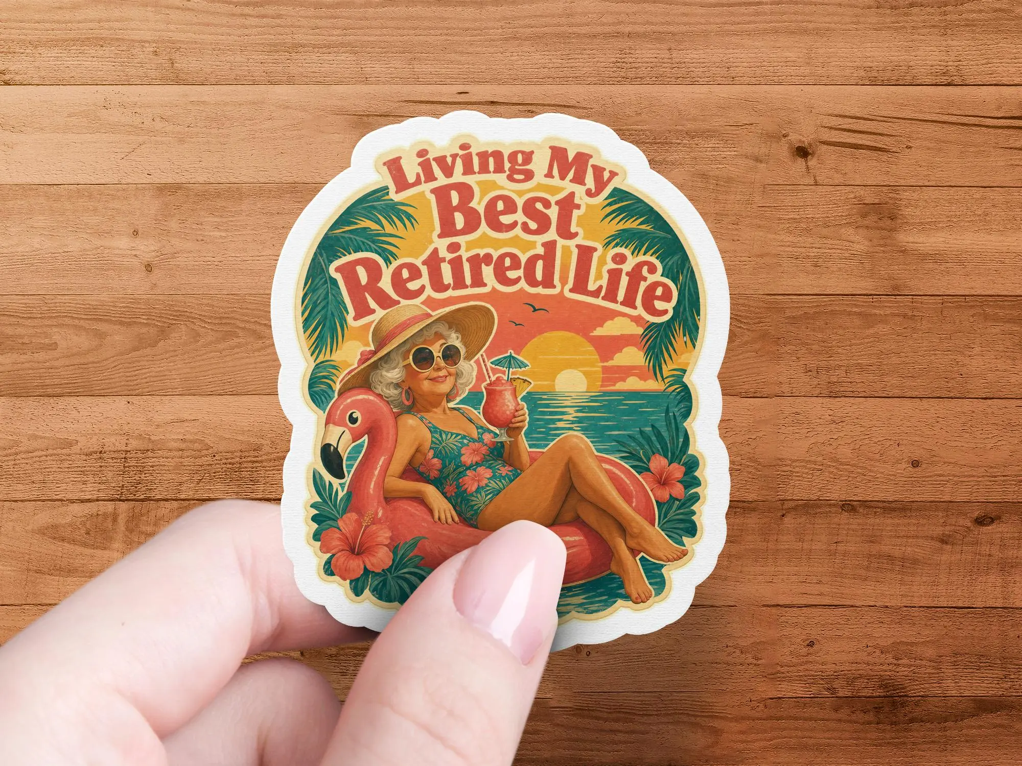 Retired Sticker, Living My Best Retired Life Sticker, Funny Retirement Gift for Women, Tropical Vacation Flamingo Decal, Retro Beach Sticker